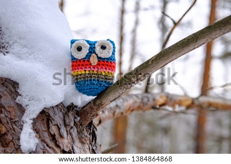 on a bough of a tree sitting next to the snow with his hands knitted wool owl