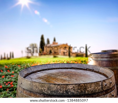Backgrounf of empty barrel and space for your decoration with Italy landscape. Summer time 