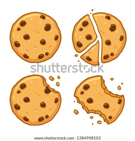 Traditional chocolate chip cookies. Bitten, broken, cookie crumbs. Cartoon vector illustration set. Royalty-Free Stock Photo #1384908503
