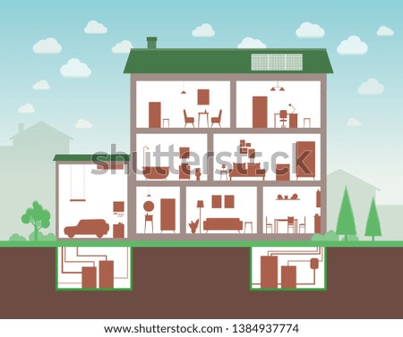 House cut with inside interior view, cartoon home section of three floor building and furniture outline silhouettes and separate room plants, flat vector illustration