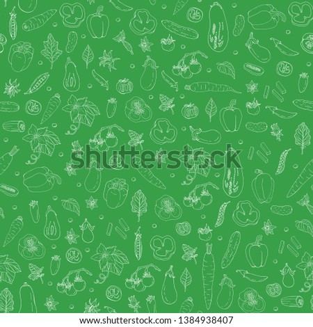 Seamless pattern with white contour doodles of different vegetables on green background. Endless texture with healthy food elements for your design