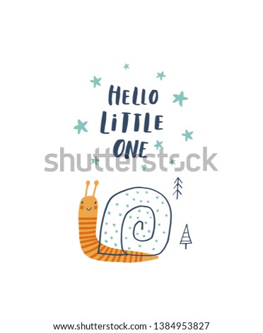 Baby print with snail: Happy day. Hand drawn graphic for typography poster, card, label, flyer, page, banner, baby wear, nursery.  Scandinavian style. Blue, yellow and turquoise. Vector illustration