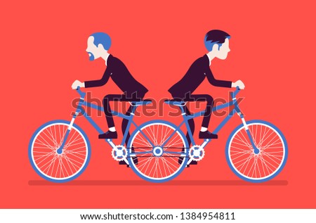 Businessmen riding push me pull you tandem bicycle. Male ambitious managers in disagreement, unable working together moving in different ways. Vector illustration, faceless characters
