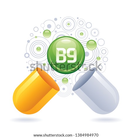 Vitamin B, B9 Folate supplement for health. Capsule with folic acid element icon, healthy diet symbol. 3d color ball isolated on white background. Trendy vector illustration, medical vitamin & mineral Royalty-Free Stock Photo #1384984970