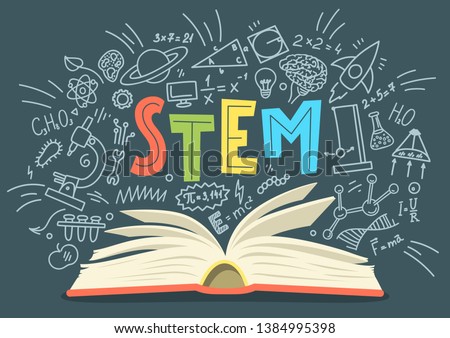 STEM. Science, technology, engineering, mathematics. Stack of books with science education doodles  Royalty-Free Stock Photo #1384995398
