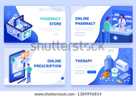 Medicine  and pharmacy banners templates. Can use for backgrounds, infographics, hero images. Flat isometric modern vector illustration. Royalty-Free Stock Photo #1384996814