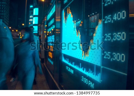 Display of Stock market quotes with city scene reflect on glass 