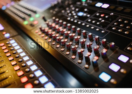Digital music mixer, professional sound and audio mixer control panel with buttons and sliders