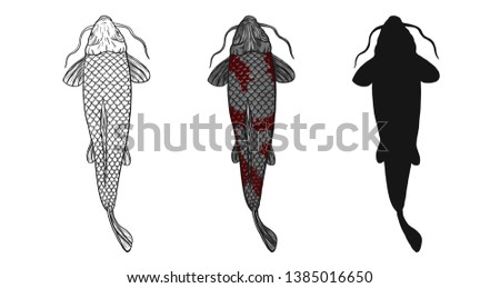 Koi fish vector tattoo by hand drawing.Beautiful fish on white background.Black and white graphics design art highly detailed in line art style.Carp fish for tattoo or wallpaper.