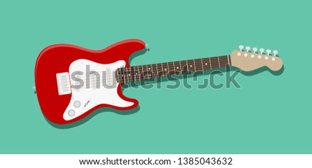 Isolated red and white electric guitar with a green background. Musical instrument. Flat style vector illustration.