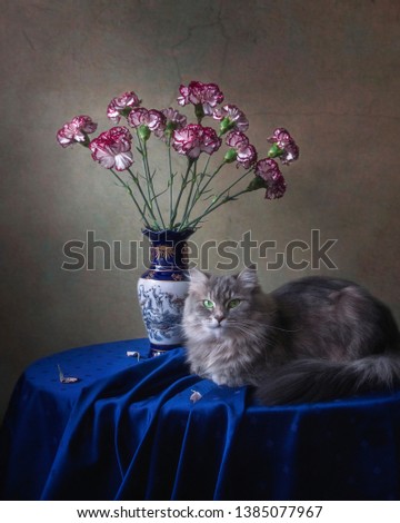 Still life with bouquet of carnation flower and pretty
gray kitty