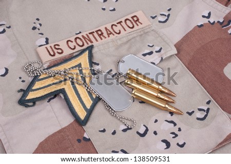 us contractor uniform with dog tags, cartridges  and sergeant rank patch