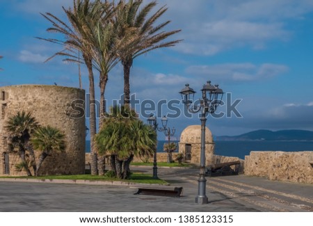 The impressive medieval sea-front ramparts of the city of Alghero (L’Alguer), province of Sassari , northwestern Sardinia, Italy. 