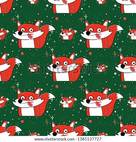 Cute fox seamless pattern on green background. Vector 