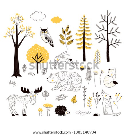 Autumn forest flat hand drawn illustrations set. Woody flora and fauna design elements. Woodland animals and trees clip-arts. Isolated scandinavian decorative nature wildlife creatures and plants.