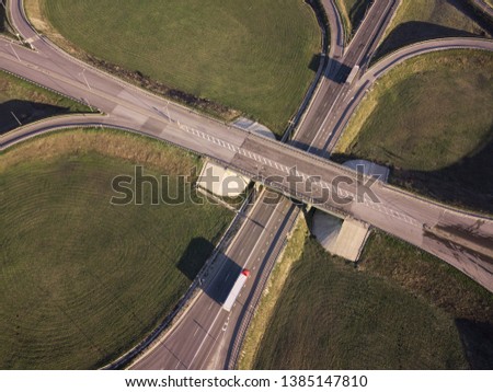 Aerial of highway city intersection junction summer Top View.