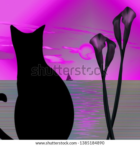 Black cat, lilies and seascape. 3D rendering