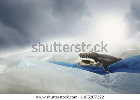 Big whale tangled in plastic bag wave . Environmentalism and plastic awareness concept background. 