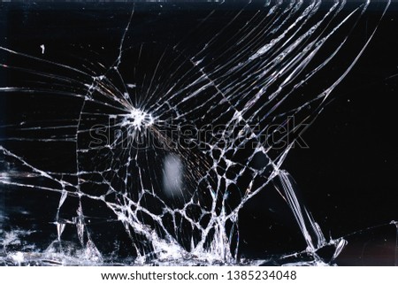 Broken and racked glass screen smartphone , white lines on black background,   design element, backdrop texture
