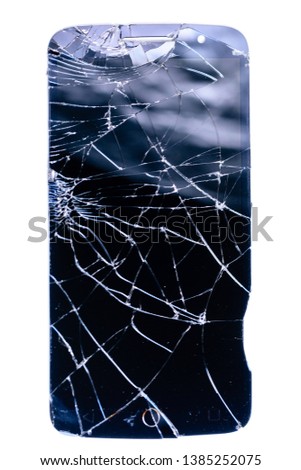 Broken and cracked glass smartphone screen, white lines on black screen on white background, design element, background texture