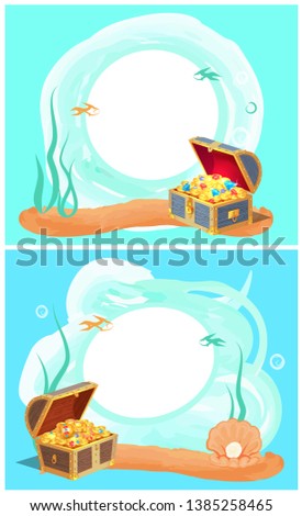 Photo frames with sea bottom and hidden treasures. ancient chests full of gold jewelry in seascape hole for picture raster illustrations set.