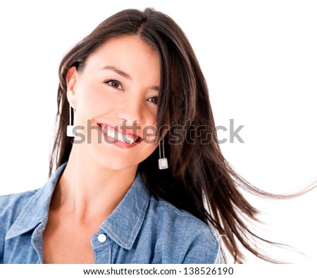 Happy woman loving her long hair - isolated over white background