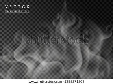 Transparent special effect of hot steam or smoke. Vector gas, fog isolated on dark background. Realistic wavy elements Royalty-Free Stock Photo #1385271203