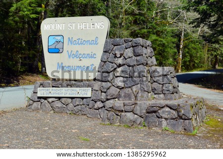 Entrance sign for Mount Saint Helens volcano in the Cascade Mountains, Washington State USA
