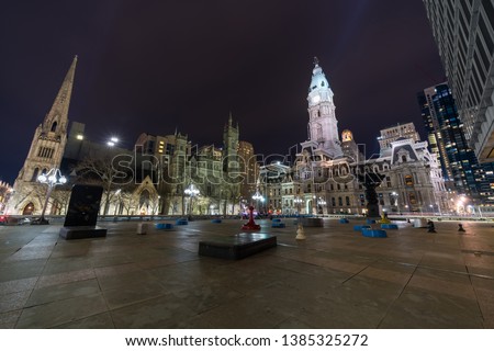 Scene of Philadelphia city hall, Masonic Temple and Arch Street United Methodist Church at night time, Architecture and building with tourist concept