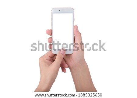 hand holding phone mobile and touching screen isolated on white background