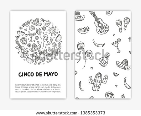 Card templates with doodle outline Cinco de mayo icons. Used clipping mask.