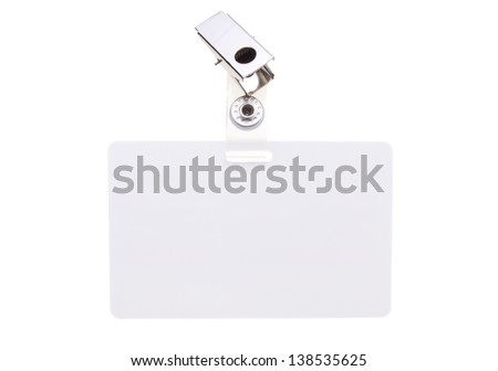 Blank clip on name tag with copy space isolated on white.