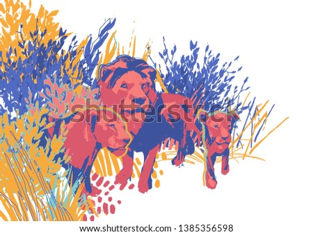 Family of three lions among the grass and bushes. Abstract graphic illustration drawn in the technique of rough brush