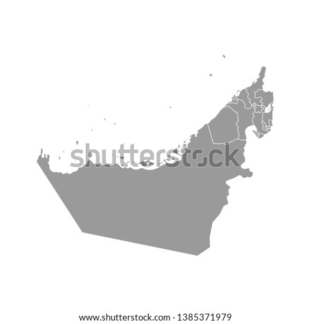 Vector isolated simplified illustration with grey silhouette mainland of United Arab Emirates (UAE) and emirates borders with names. White background Royalty-Free Stock Photo #1385371979