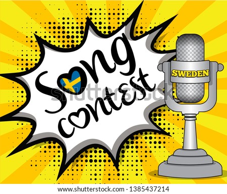 Pop Art song contest with Country flag speech bubble and Microphone with country name. Vector singing illustration in retro comic style. Music