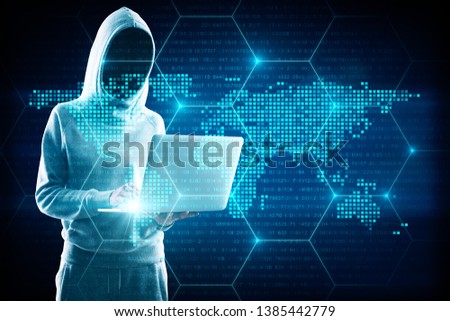 Hacker in hoodie using laptop with digital glowing map interface. AI and global concept. Double exposure 