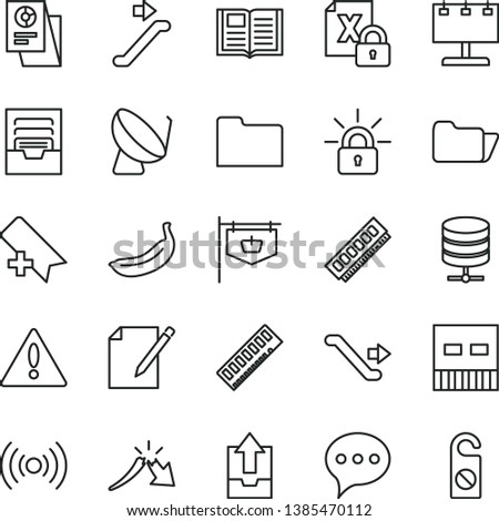 thin line vector icon set - warning vector, add bookmark, archive, upload data, speech, book, big server, notes, banana, satellite dish, vintage sign, billboard with illumination, a crisis, memory
