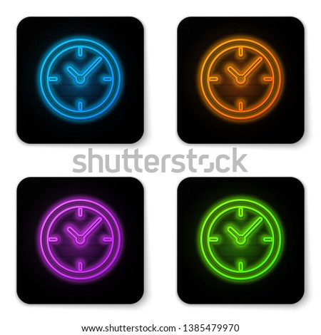 Glowing neon Stopwatch icon isolated on white background. Time timer sign. Black square button. Vector Illustration