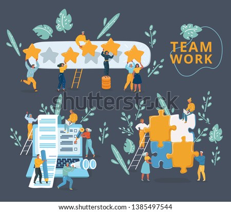 Vector illustration of concept team working for building application, social media and web rank. Tiny people with giant laptop, rating stars, big puzzle. Character on dark background.
