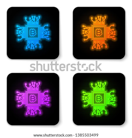 Glowing neon CPU mining farm icon isolated on white background. Bitcoin sign inside processor. Cryptocurrency mining community. Digital money. Black square button. Vector Illustration