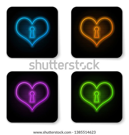 Glowing neon Heart with keyhole icon isolated on white background. Locked Heart. Love symbol and keyhole sign. Black square button. Vector Illustration