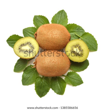 Kiwi fruit collection whole and half with leaf isolated on white background. Top view, flat lay