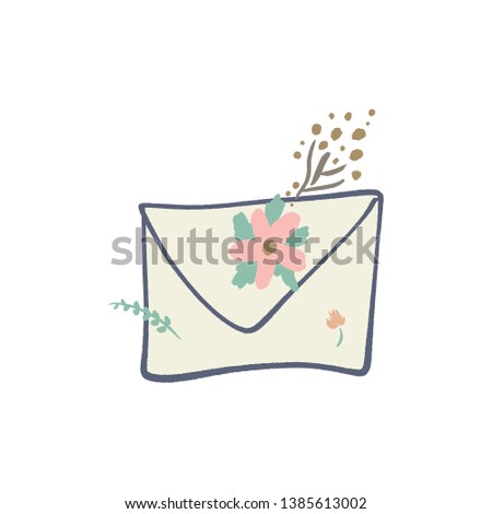 Envelope letter with floral elements symbols, spring or summer greeting card. Vector clip art
