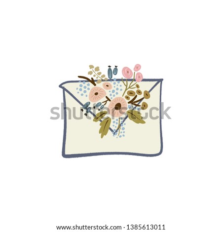 Envelope letter with floral elements symbols, spring or summer greeting card. Vector clip art
