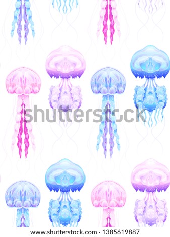 Seamless pattern with Neon jellyfish  on white background. Marine residents. Vector texture for fabrics, wallpapers and your creativity