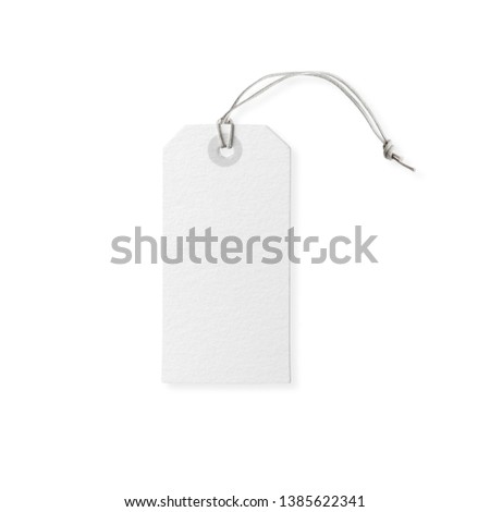 White blank price label tag isolated on white background, front view clothing label mockup with copy space, real close-up picture 