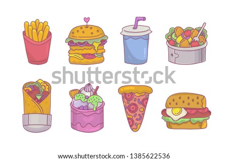 Colorful fast food set. Fries,burger, doner kebab and pizza - cartoon icons for menu,stickers and decoration.Street food clip art.Vector