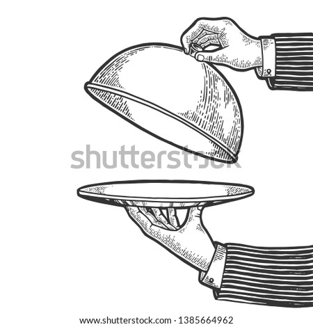 Dish plate with cloche and invisible food sketch engraving raster illustration. Scratch board style imitation. Black and white hand drawn image.