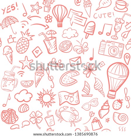 Hand drawn doodle pattern of summer and media elements. Seamless vector pattern.