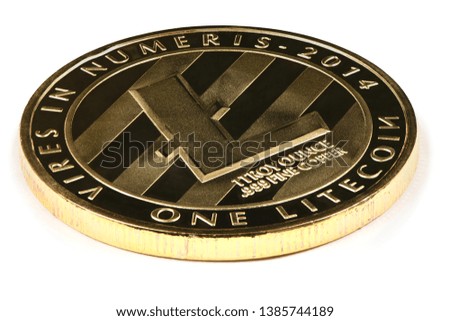 Golden litecoin isolated on white background. High resolution photo. With clipping path. Full depth of field.
